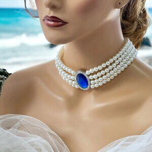 Brand New Victorian Pearl Blue Crystal Choker Wedding Necklace